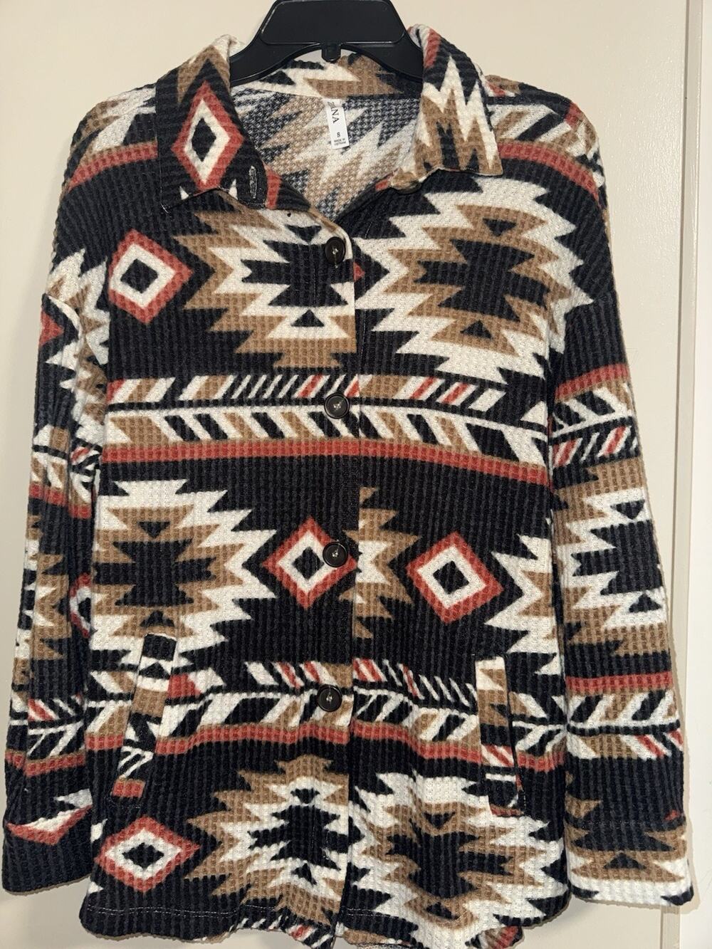 Zenana Womens Small Aztec Southwest Waffle Knit Shacket Button Front Jacket